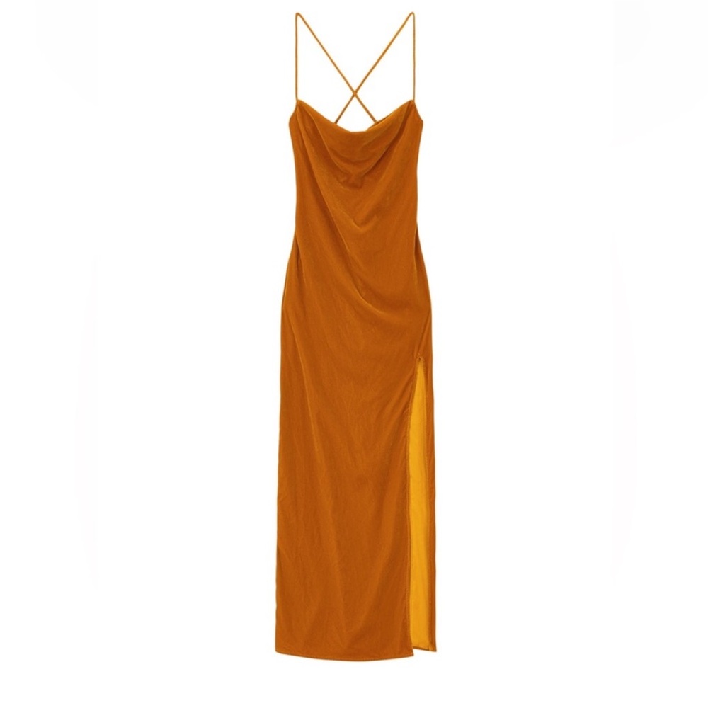 Staud Bellamy velvet slit rust yellow dress sz S NWT